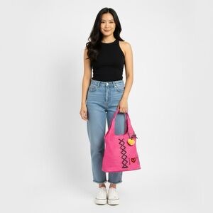 Pink Suede Corset Lace Handmade Tote Bag with Valentines I love Me Heart Charm